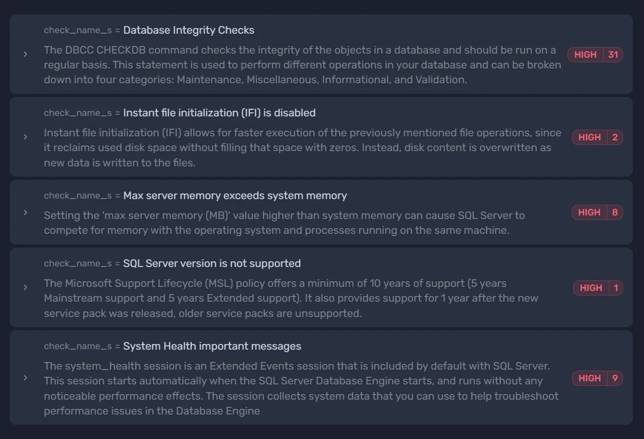 Health check list with severity scores and descriptions