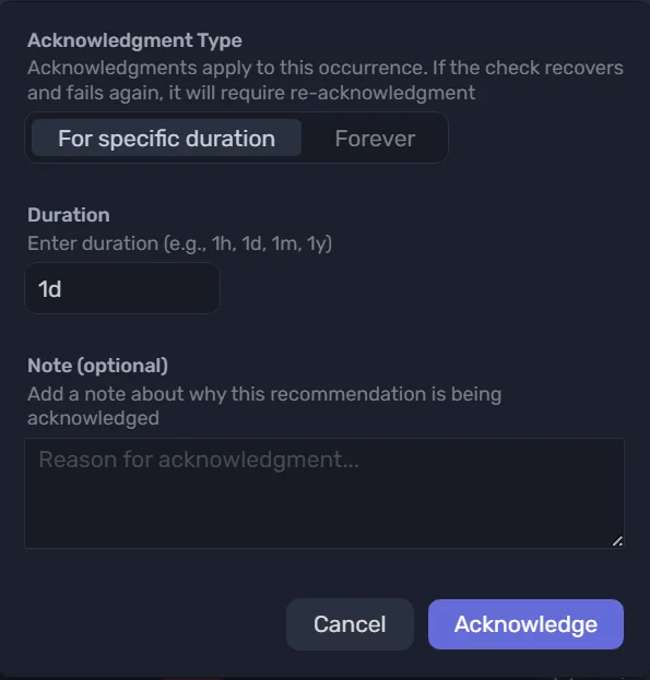 Acknowledge a health check finding for a set duration or permanently