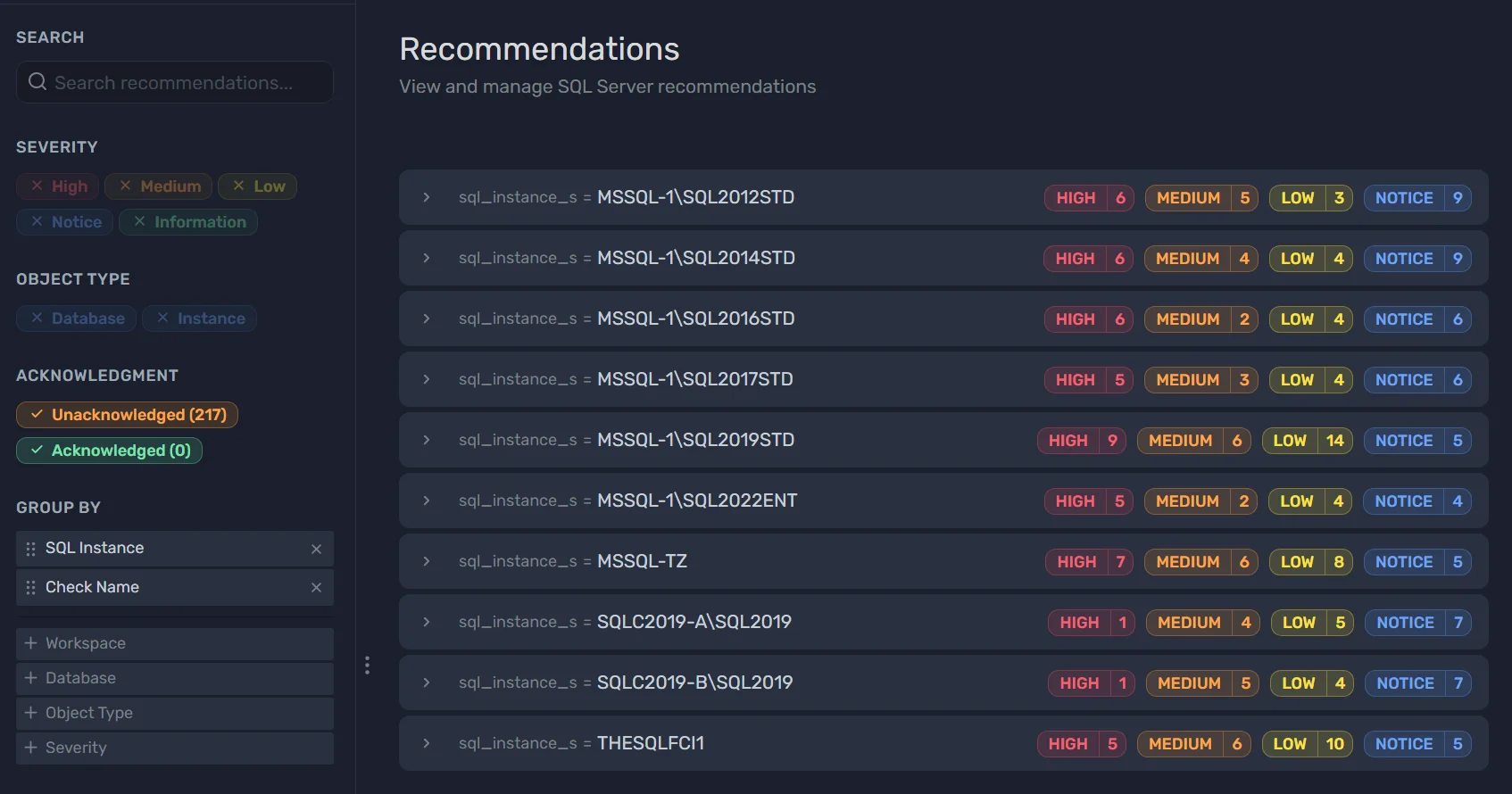 Recommendations analytics view grouped by SQL instance and check name