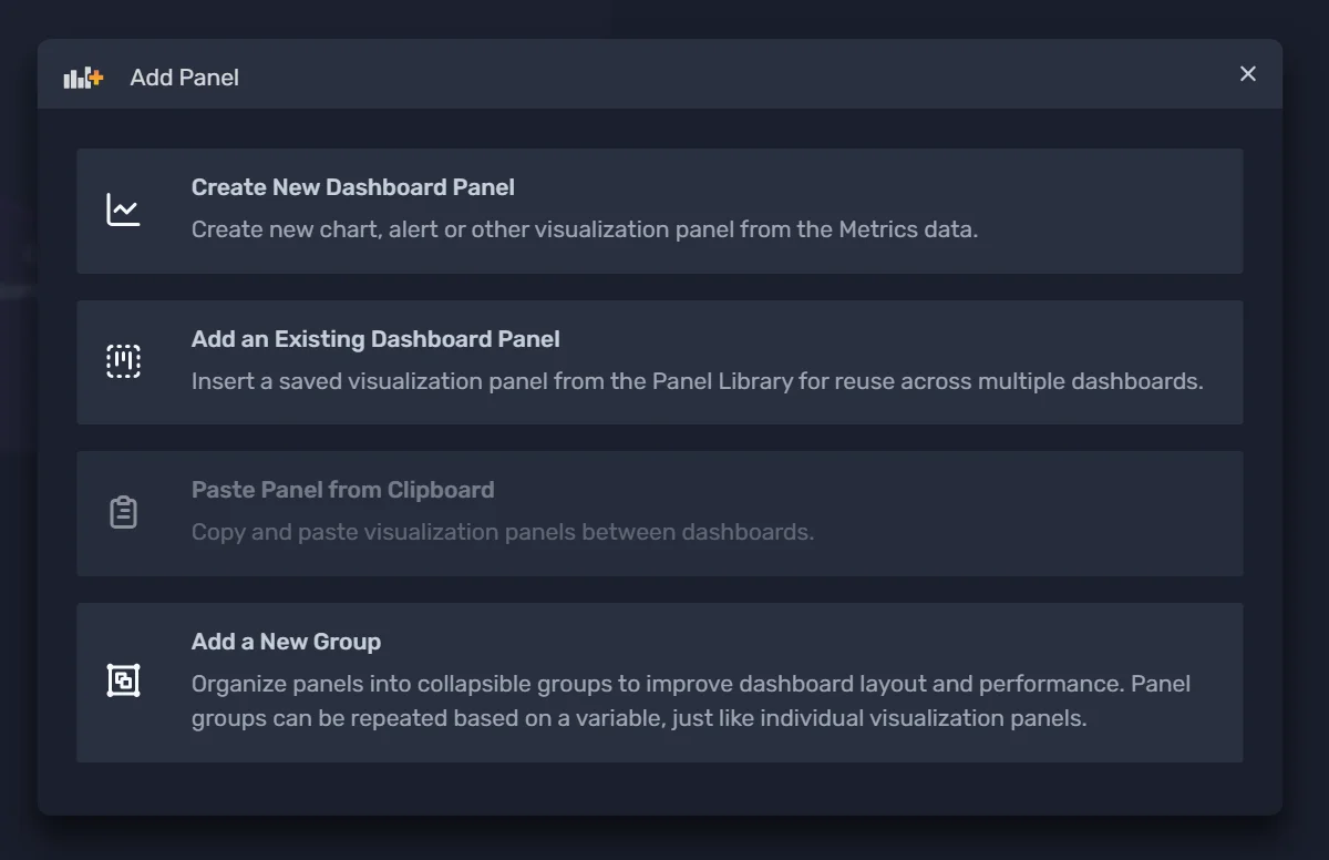 Add panel dialog with options to create, reuse, or paste a dashboard panel