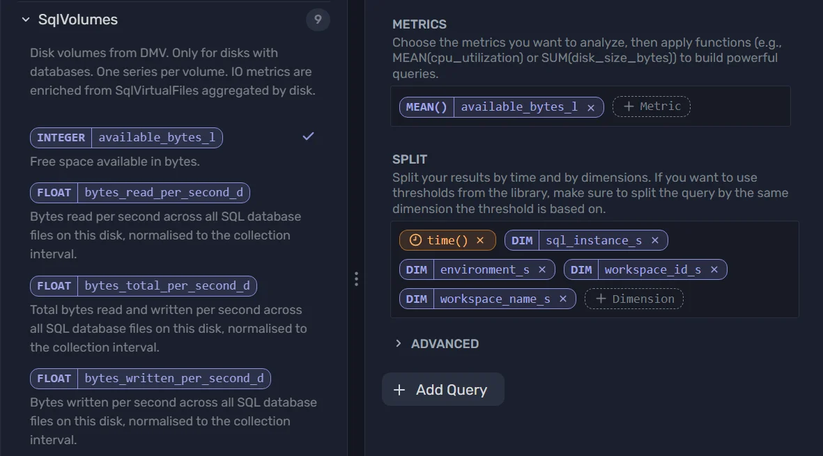 Drag and drop query builder for selecting metrics, applying functions, and splitting by dimension