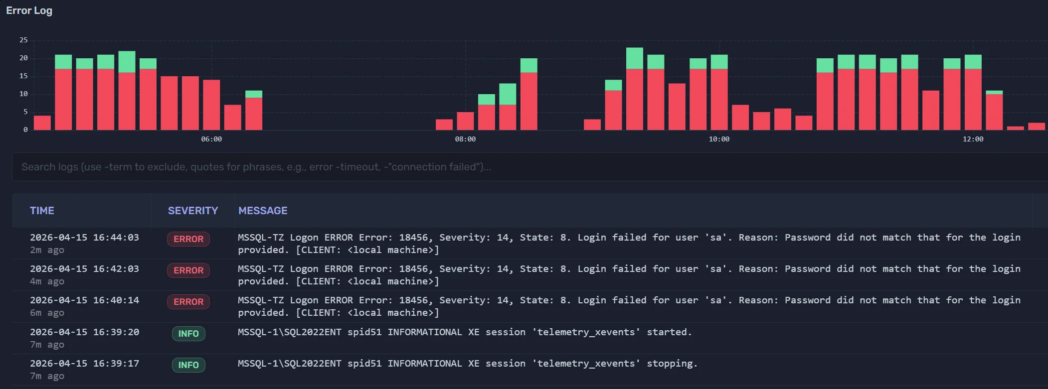 Error log showing SQL Server errors with severity and message