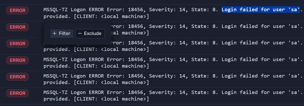 Text filter on error messages with include and exclude options