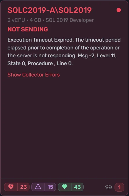 SQLWATCH server card showing status and metrics